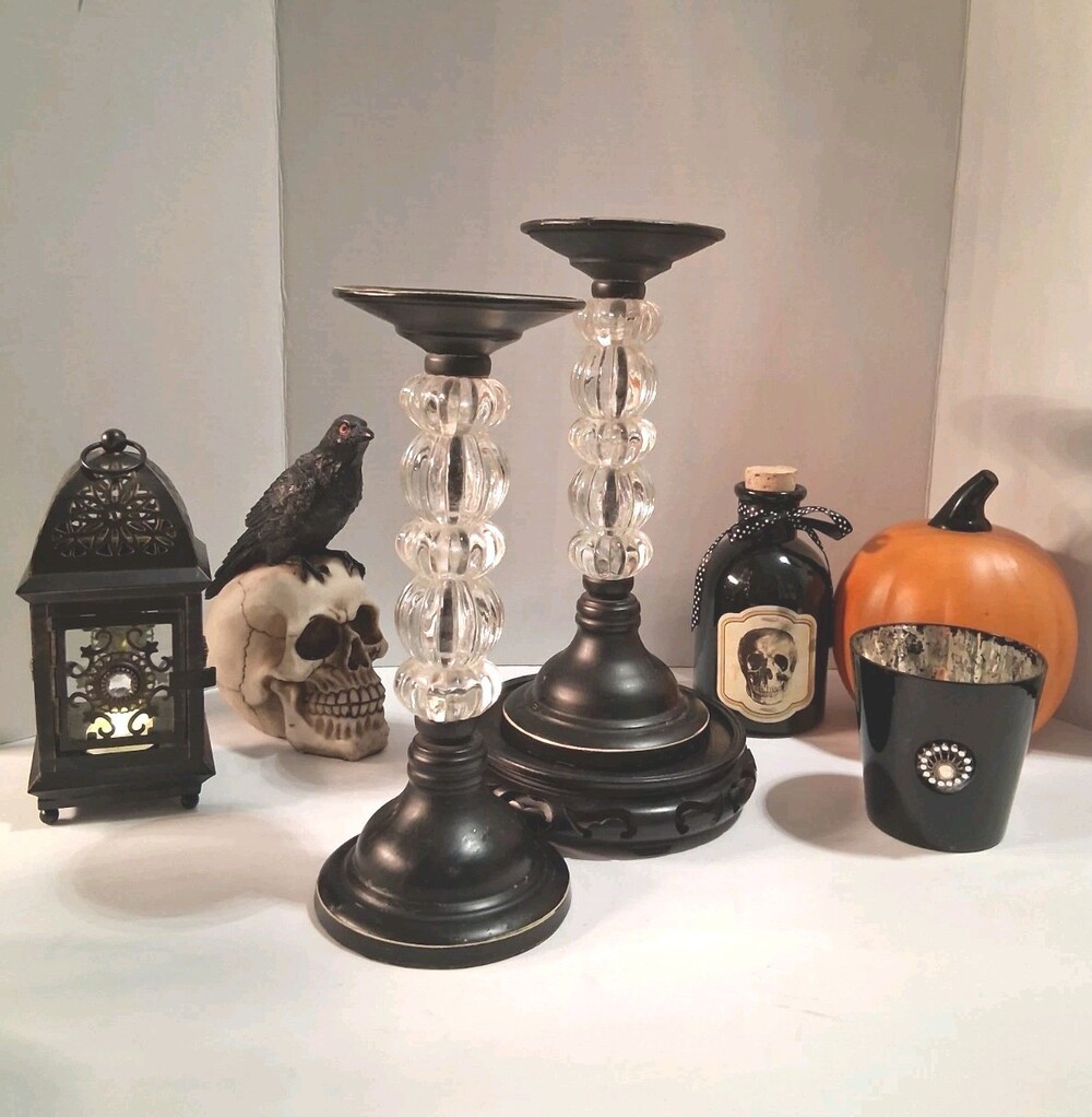 Vtg Pier 1 Black Metal Lucite Ball Pillar Candle Holders Set 2 Gothic Halloween